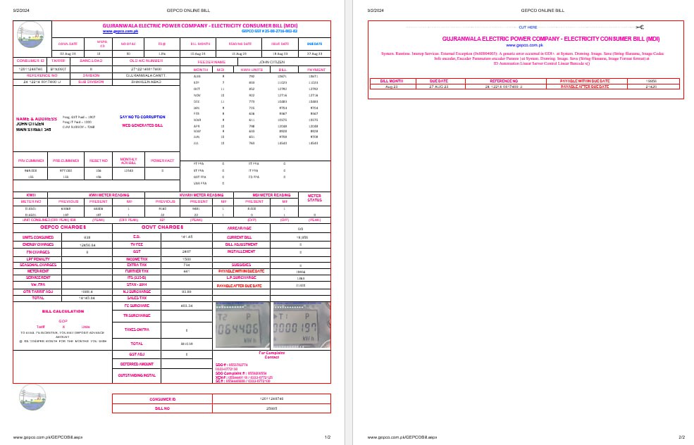 Pakistan Gujanwala electric power company electricity utility bil Word and PDF formats, 2 pages